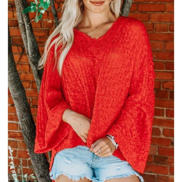 Free People BAJA BABE Pull Over Hacci Hoodie Surfer Sweater Top in Red S NWOT - Picture 1 of 7